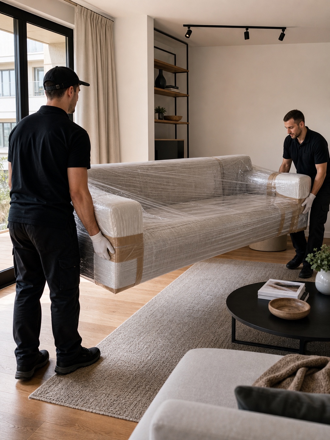 Custom Sofa Delivery White Glove Installation Two delivery workers carefully position a wrapped custom sofa in a modern living room. | Sky Rye Design Two delivery workers carefully position a wrapped custom sofa in a modern living room.