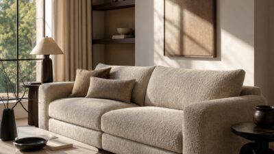 A warm boucle custom sofa sits well proportioned in a finished living room with side tables and a low coffee table.