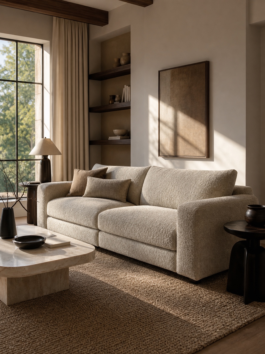 Custom Sofa Finished in Living Room A warm boucle custom sofa sits well proportioned in a finished living room with side tables and a low coffee table. | Sky Rye Design A warm boucle custom sofa sits well proportioned in a finished living room with side tables and a low coffee table.