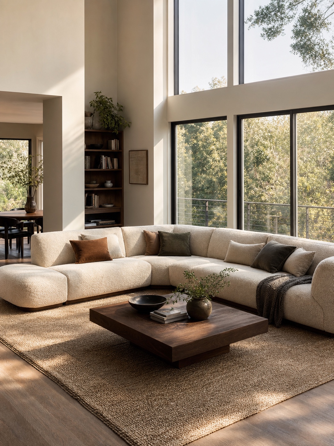 Warm boucle custom sectional sofa in a modern living room