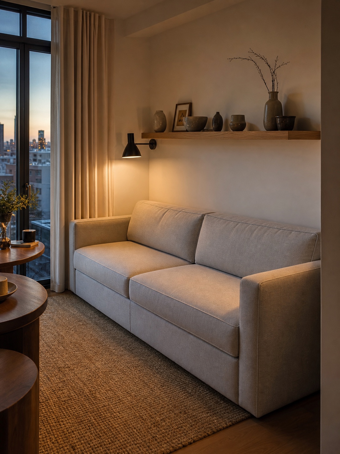 Precisely sized pale gray sofa filling a narrow apartment wall without awkward gaps.