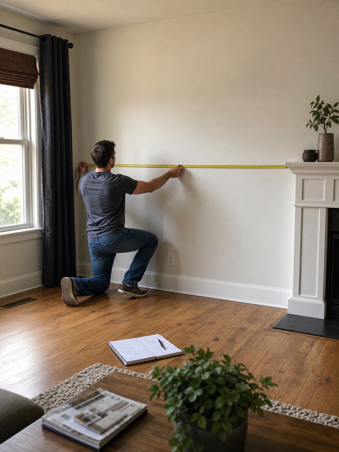 Person measuring a living room wall before ordering a custom sofa