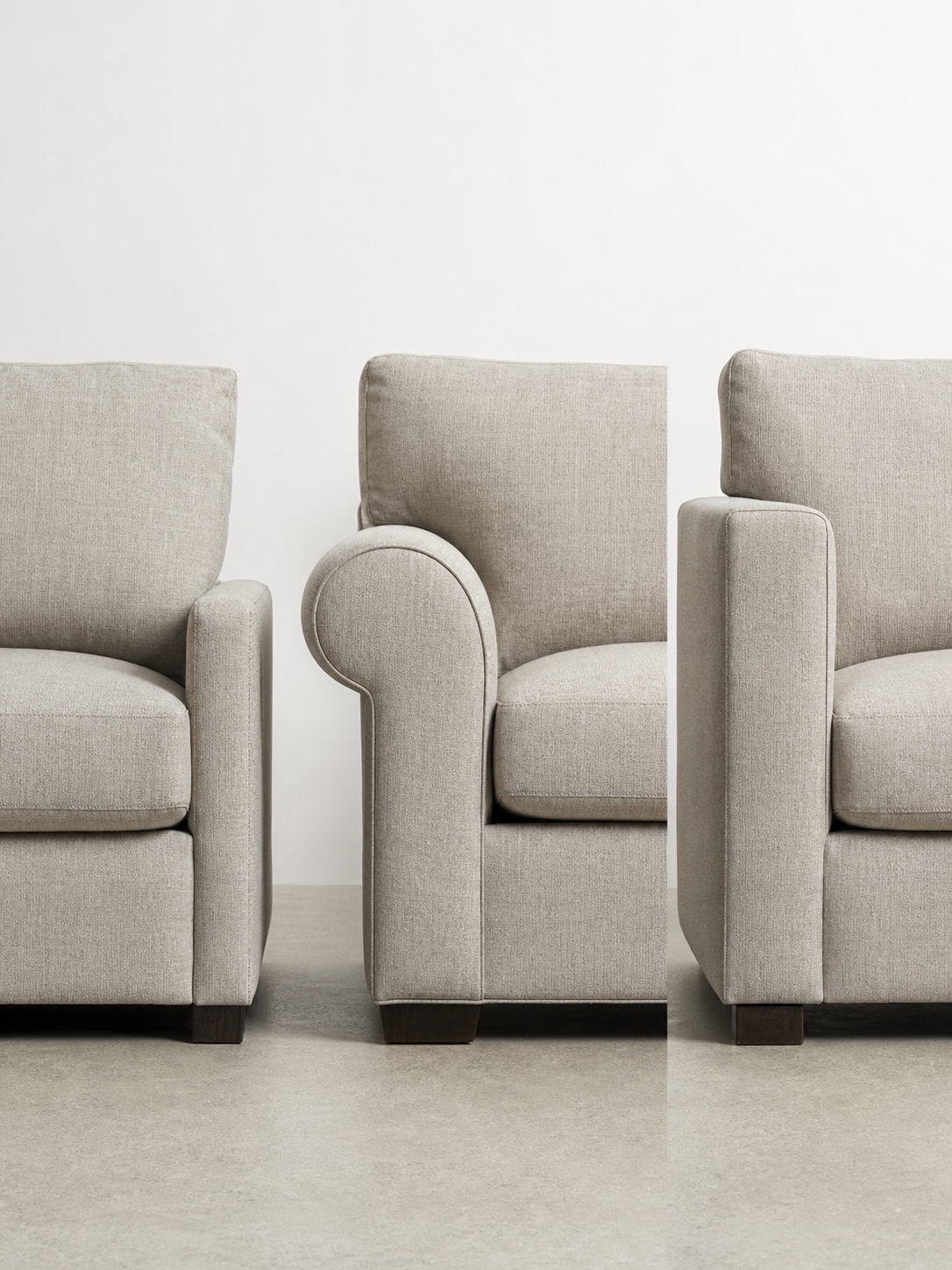 Custom Sofa Silhouette Arm Styles Three neutral linen sofa arm styles are shown side by side for silhouette comparison. | Sky Rye Design Three neutral linen sofa arm styles are shown side by side for silhouette comparison.