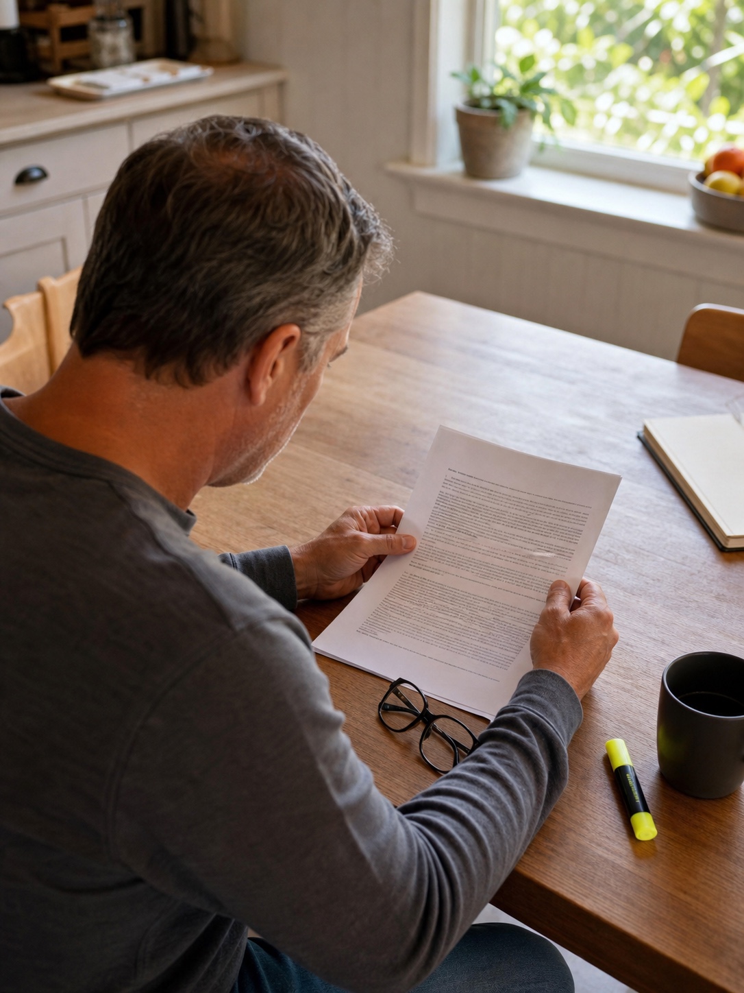 Person reading a printed furniture warranty before ordering a sofa