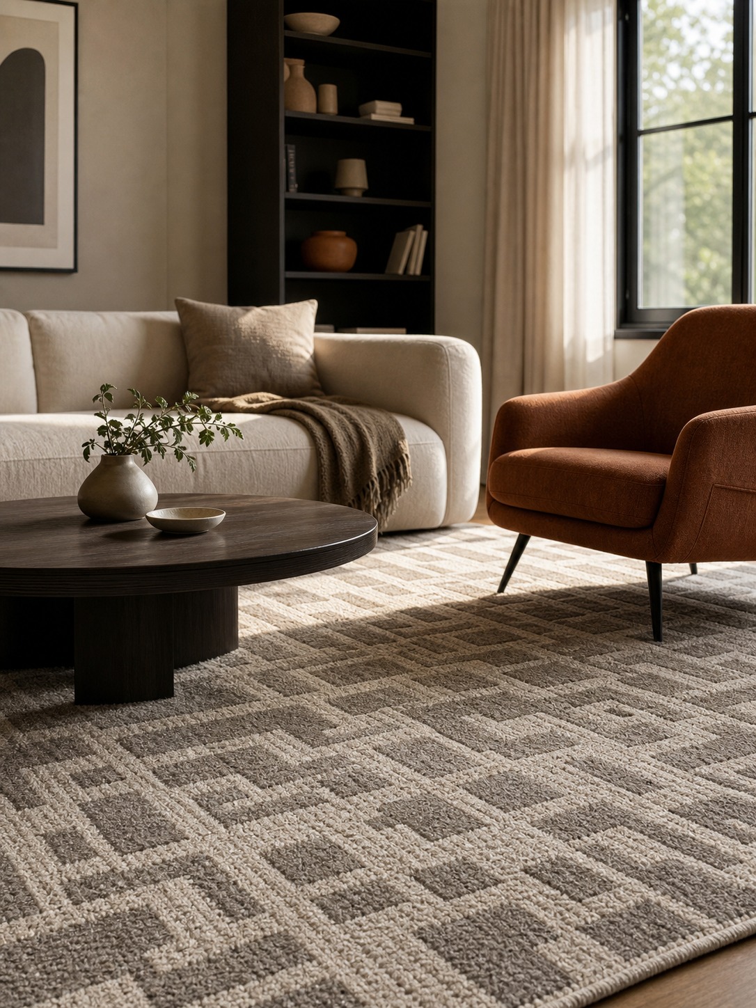 Living room with a warm grey and cream cut-and-loop geometric carpet, sofa, and armchair.