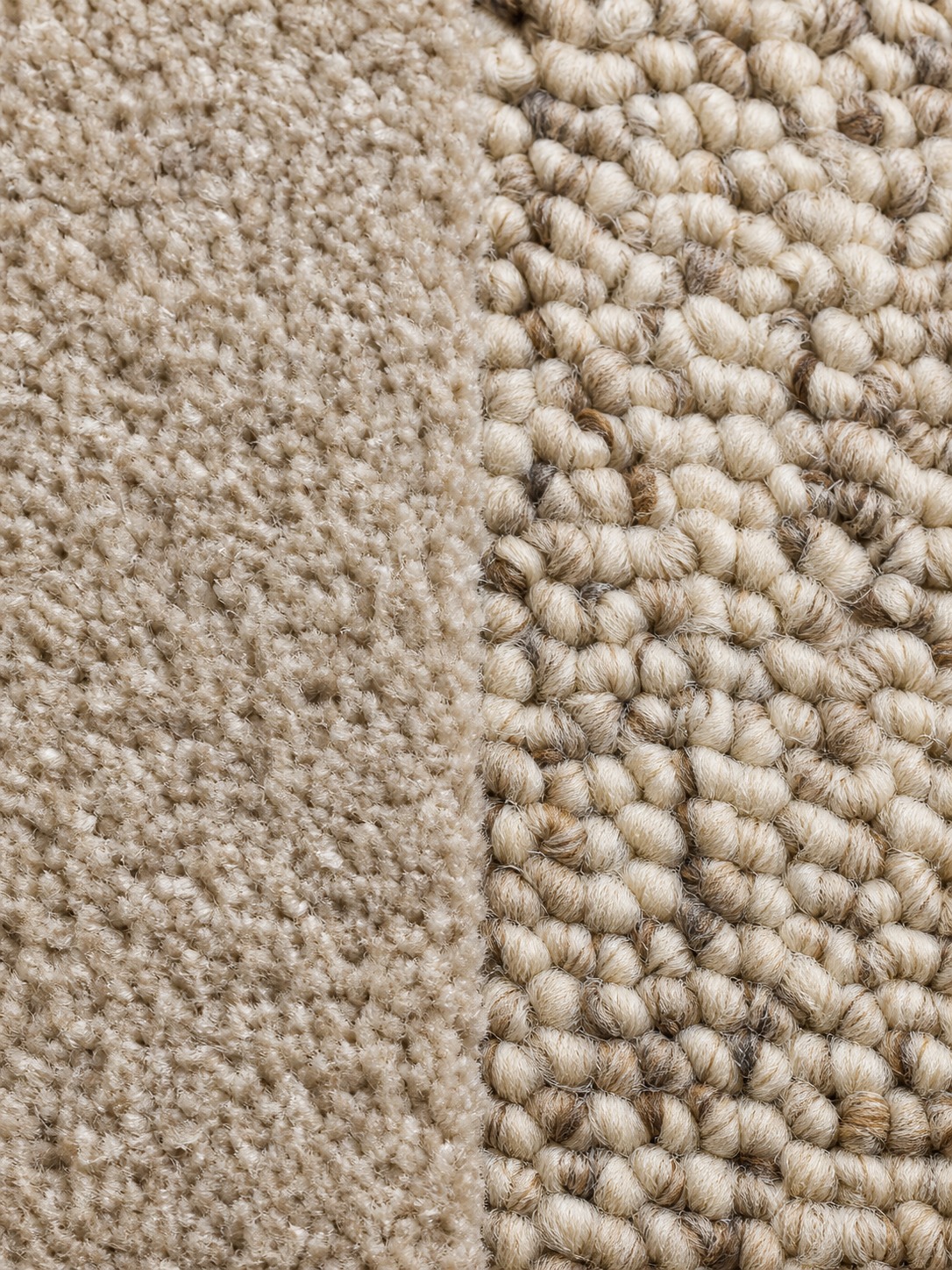 Side-by-side macro comparison of cut-pile saxony carpet and loop-pile berber carpet.