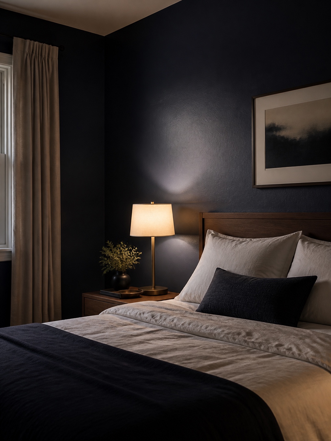 A dark navy bedroom with satin-finish painted walls, white linen bedding, and warm bedside lamp light