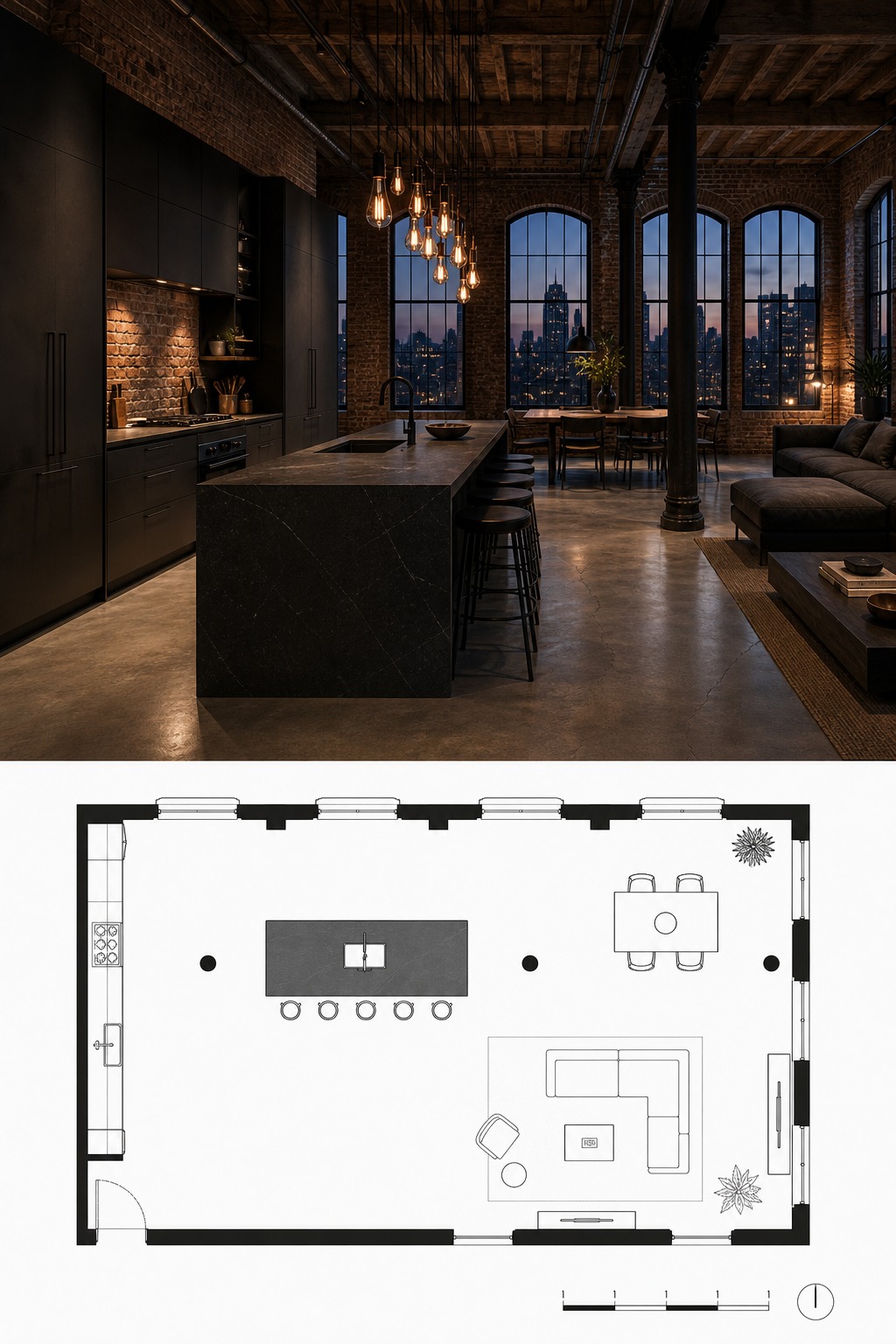 Split-panel reference of a dark steel and smoked oak loft kitchen with black granite island above a floor plan.