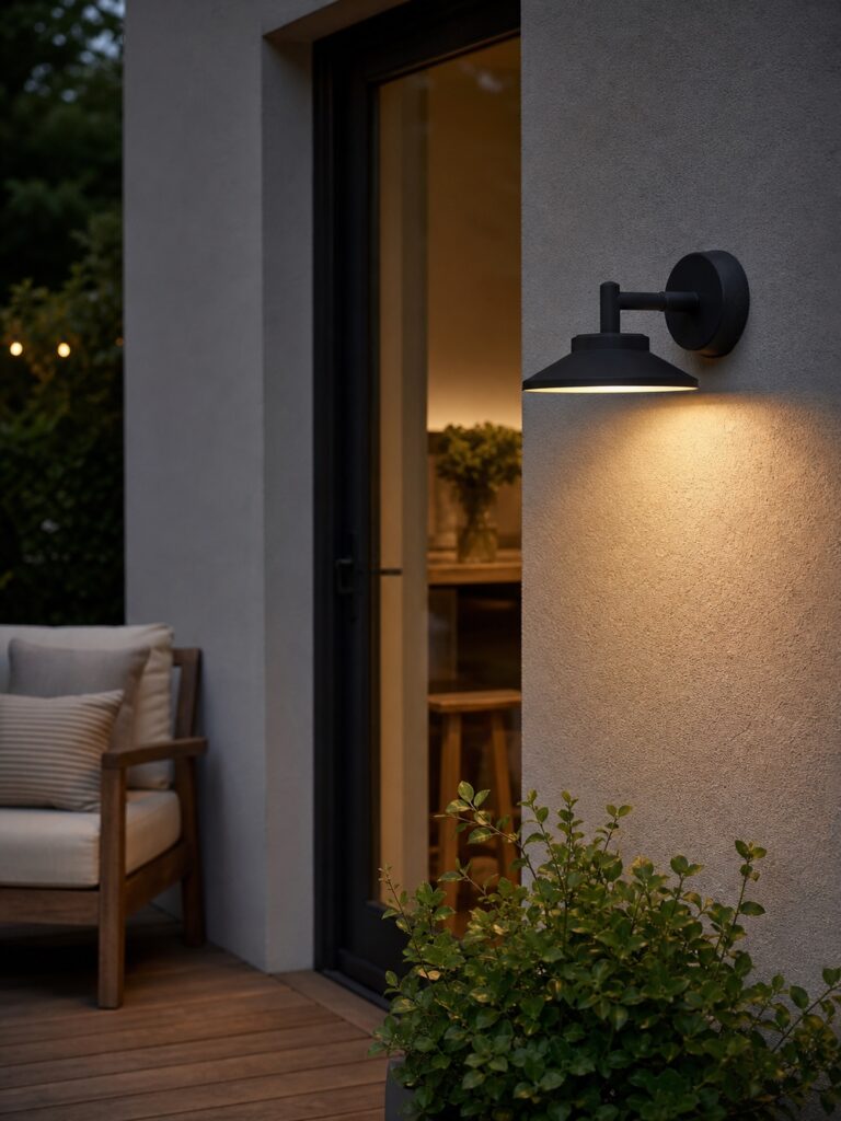 Shielded wall sconce beside a deck door Modern dark metal wall sconce beside a deck door casting warm downward light near seating. | Sky Rye Design Modern dark metal wall sconce beside a deck door casting warm downward light near seating.