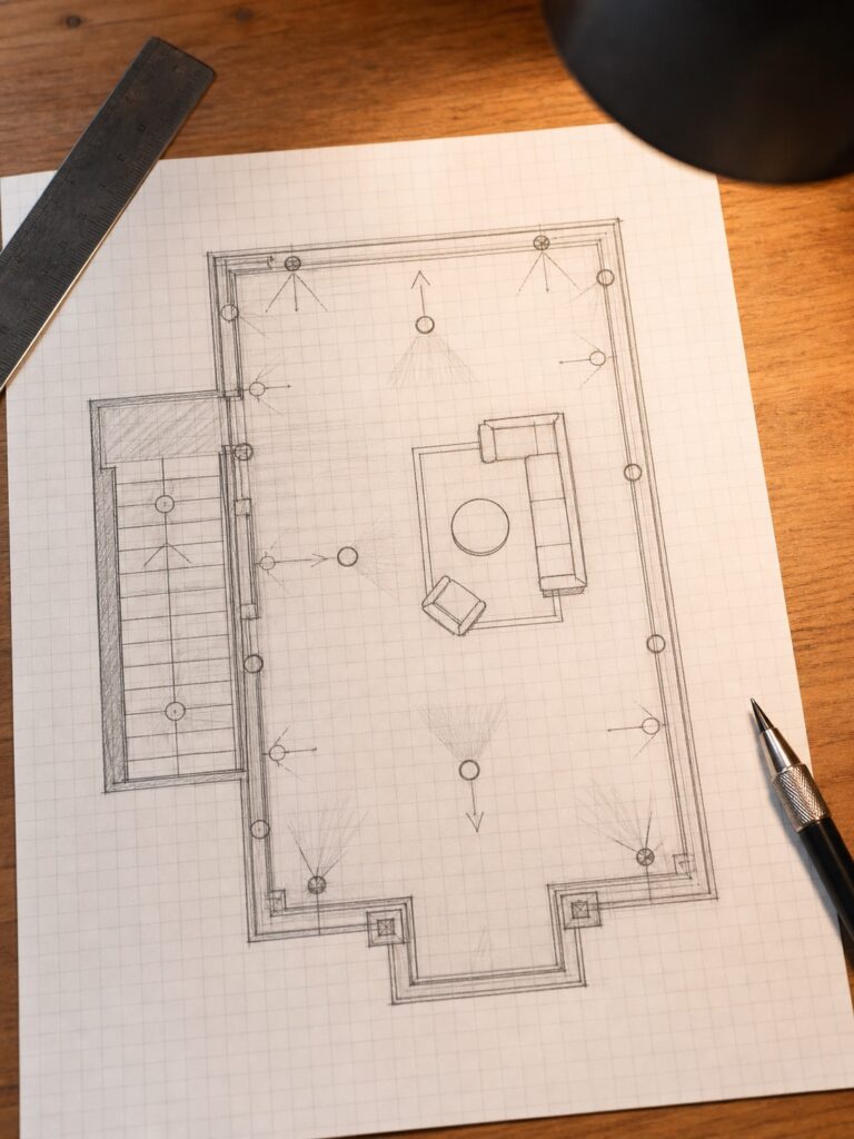 Top-down deck lighting plan sketch Hand-drawn top-down lighting plan for a deck on graph paper with stair, seating, and perimeter zones marked. | Sky Rye Design Hand-drawn top-down lighting plan for a deck on graph paper with stair, seating, and perimeter zones marked.