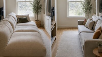 Small room comparison showing a deep sofa beside a moderate-depth sofa layout.