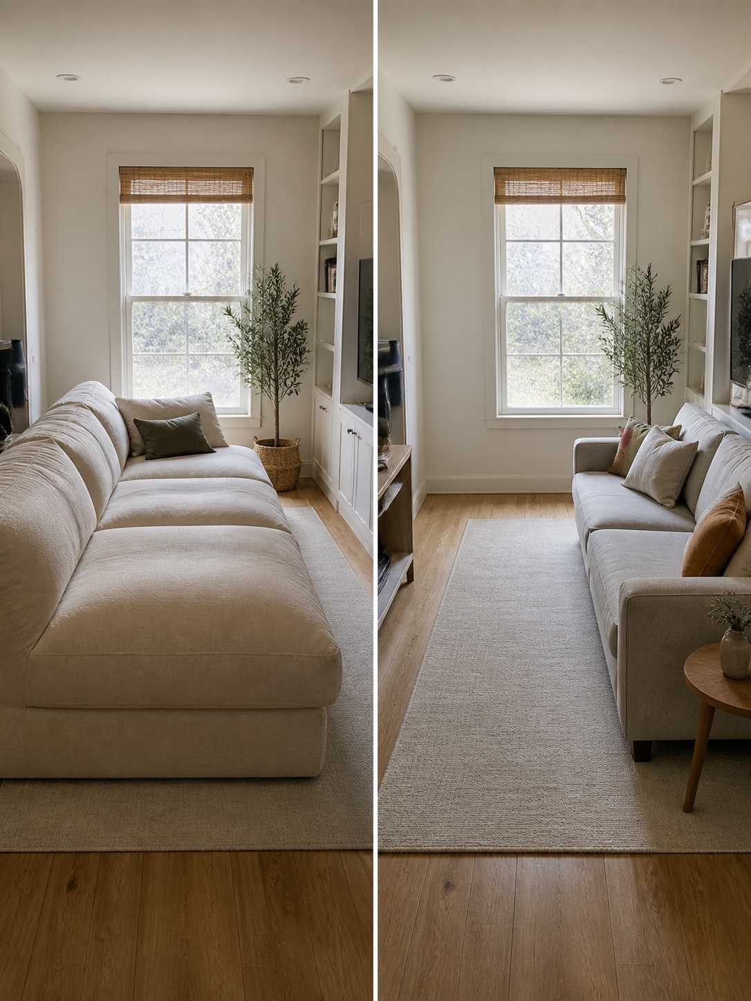 Deep cloud sofa versus moderate depth comparison Small room comparison showing a deep sofa beside a moderate-depth sofa layout. | Sky Rye Design Small room comparison showing a deep sofa beside a moderate-depth sofa layout.