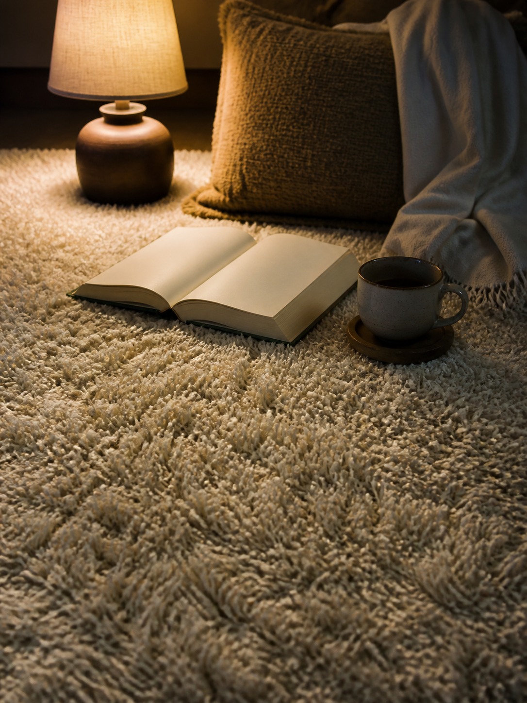 Cozy reading nook with a deep-pile warm ivory shaggy carpet, open book, cup, and lamp light.