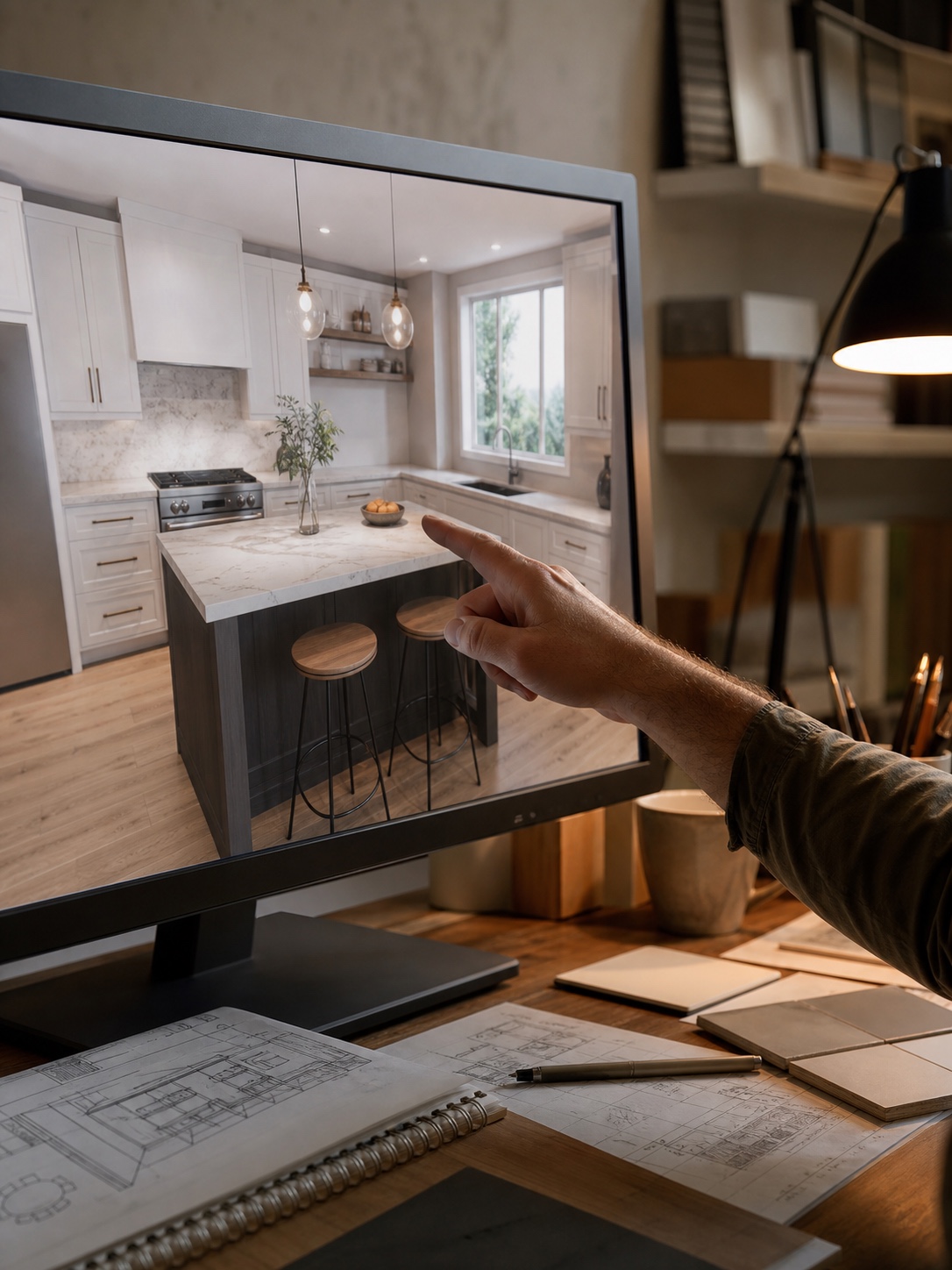 Designer points at a monitor showing a photorealistic 3D rendering for a kitchen renovation.