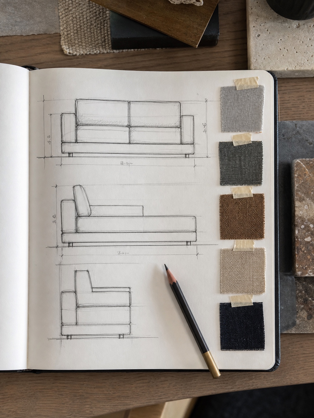 Designer notebook with sofa sketches, dimensions, fabric swatches, and a pencil on a desk.