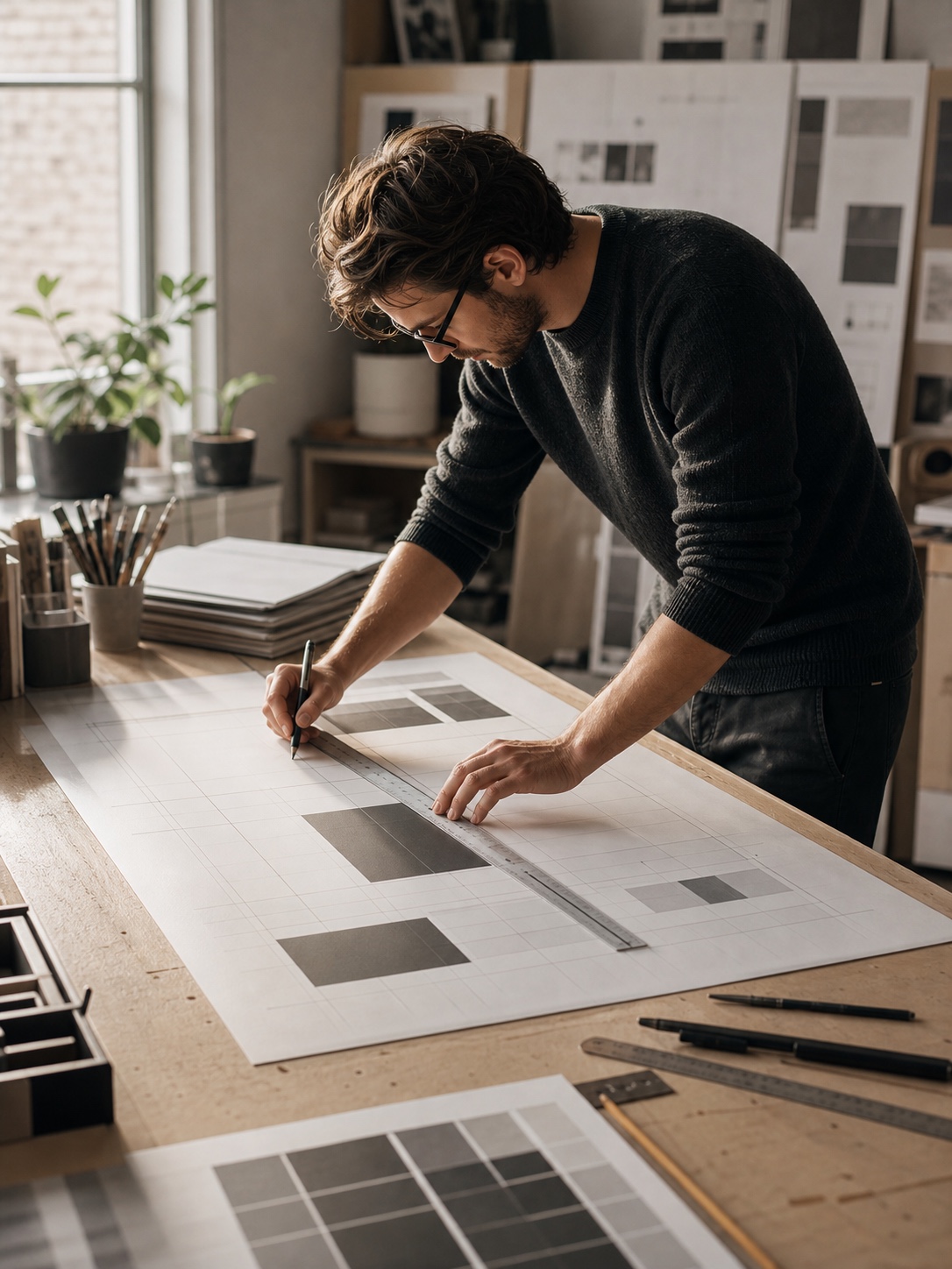 Designer using a ruler and grid system to align layout elements on a drafting table in a professional studio.