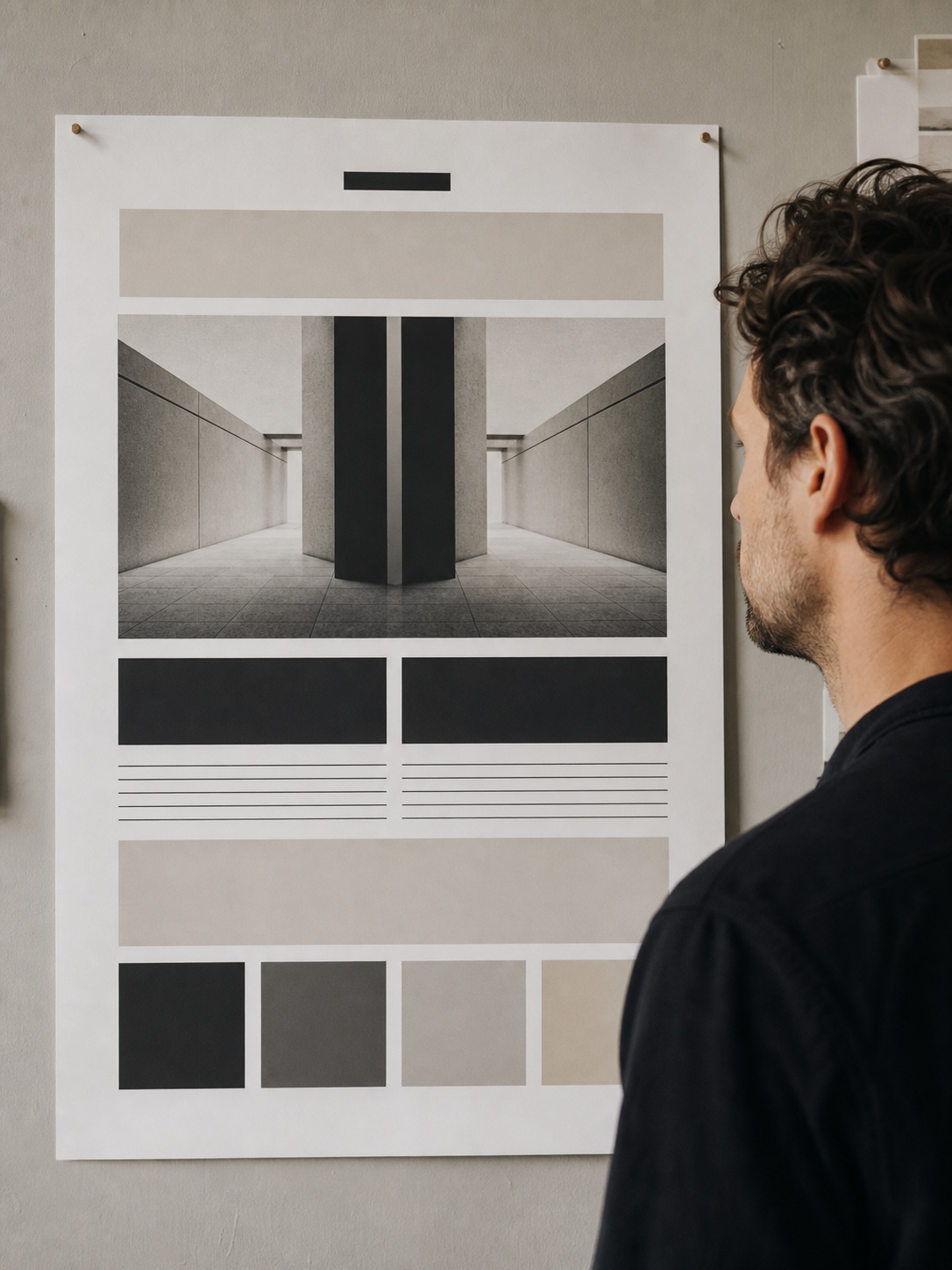 Designer reviewing a balanced poster layout with symmetrical alignment, organized image blocks, and clean neutral spacing.