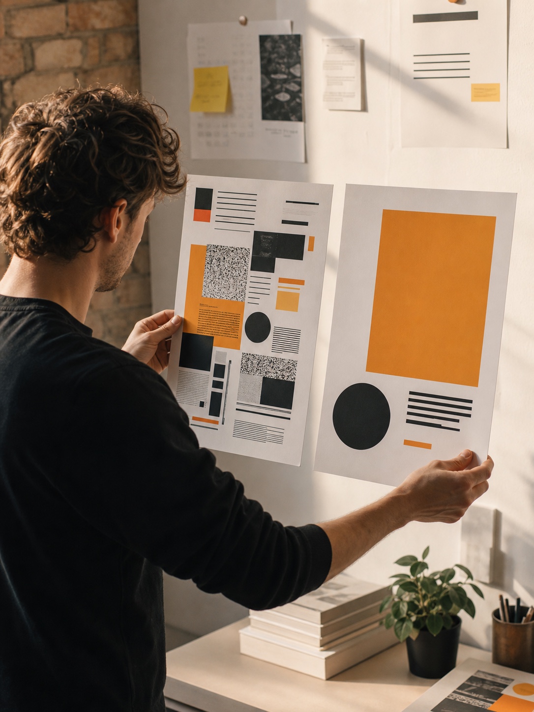 Designer comparing two poster concepts side by side to study composition, clutter, balance, and visual order.