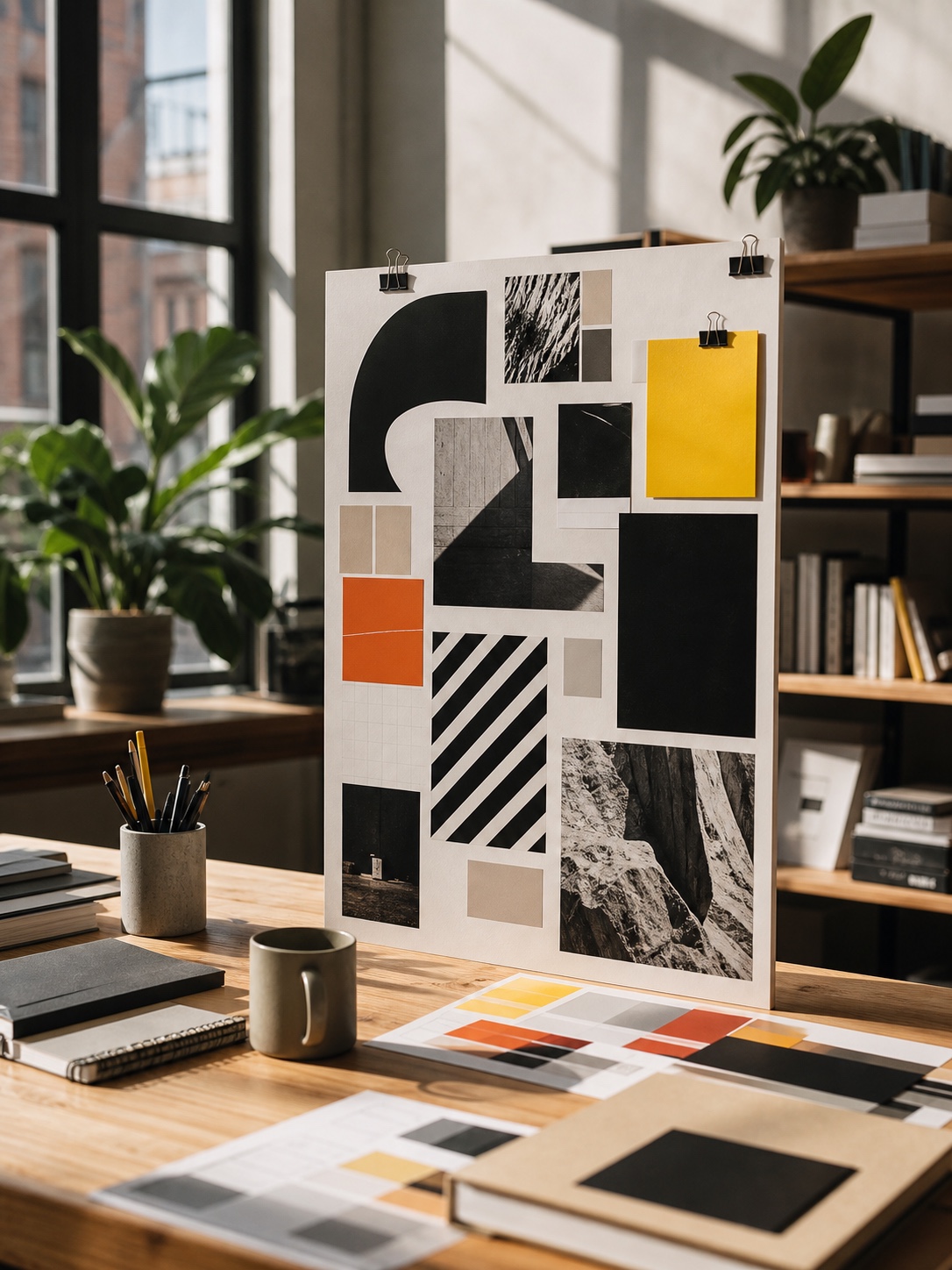 Modern mood board showing contrast through black shapes, warm accent colors, varied image scale, and strong visual structure.