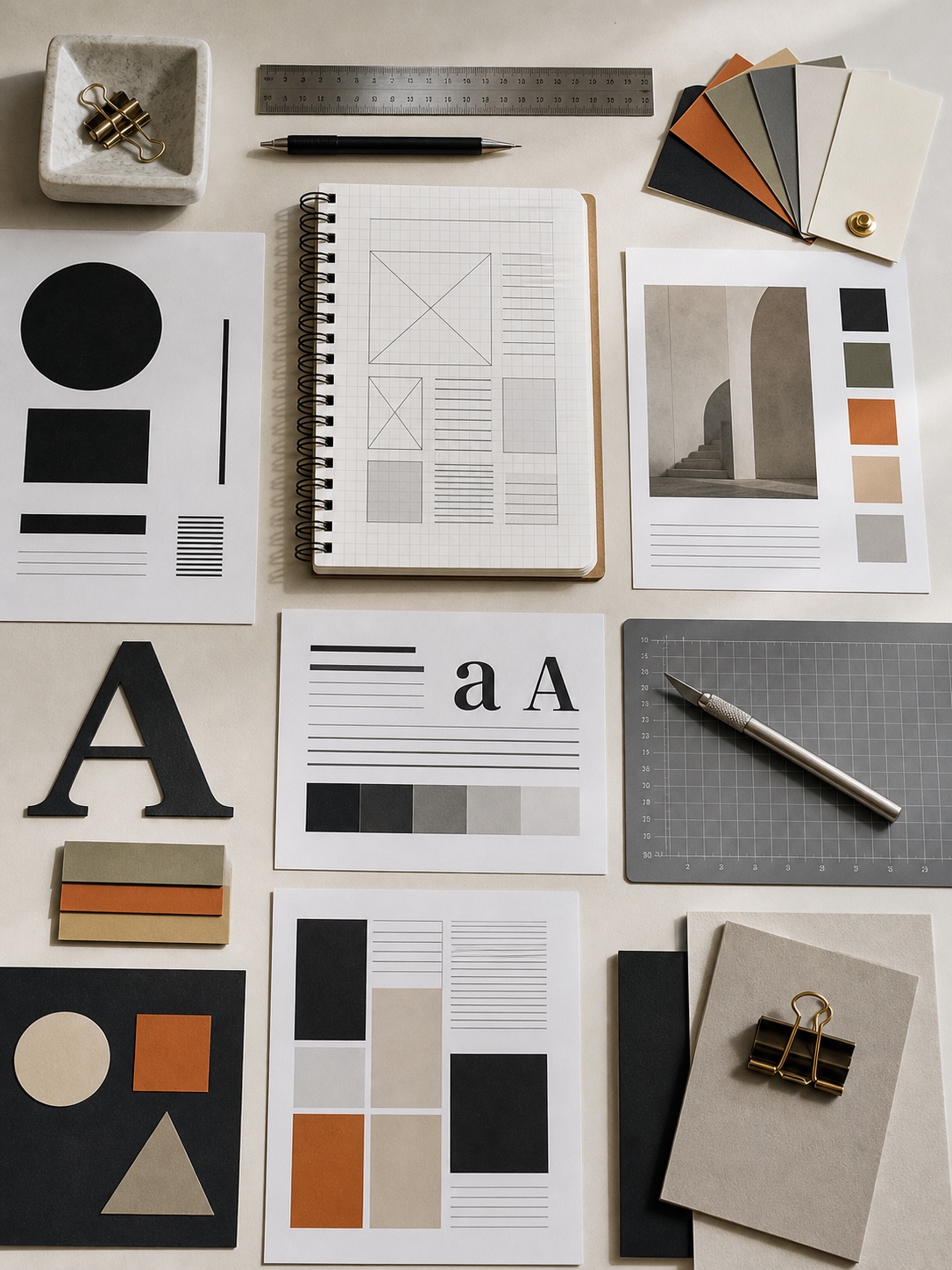 Flat lay of grid notebook, typography samples, color swatches, rulers, and layout drafts arranged with balanced composition.