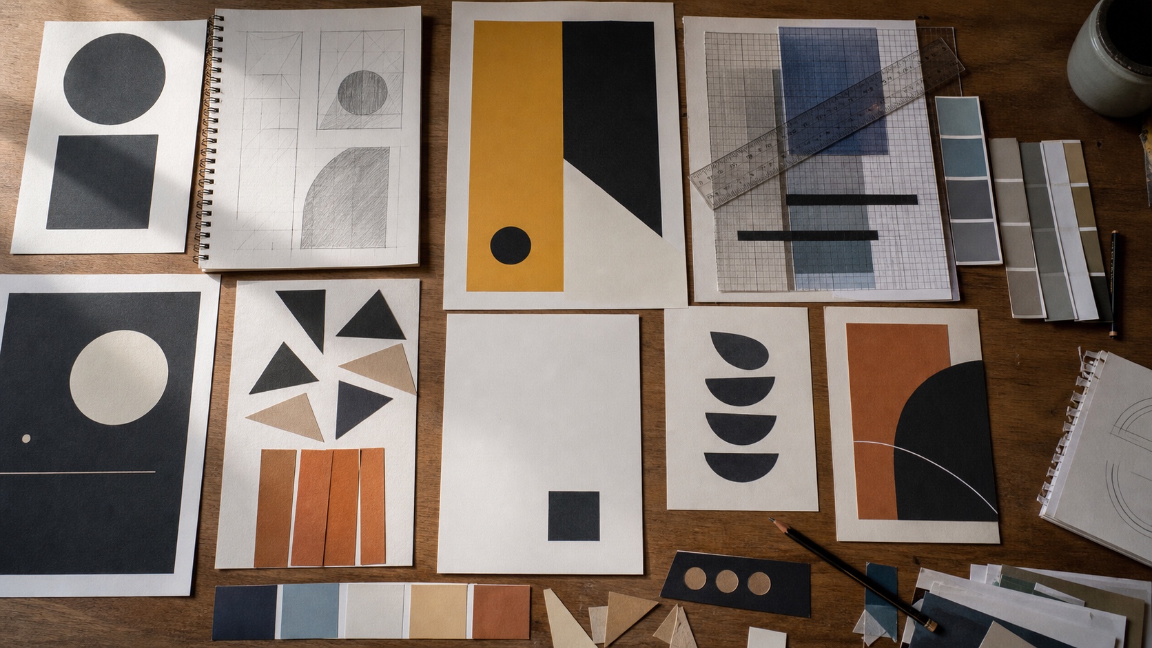 Designer workspace with poster layouts, grid paper, color swatches, and geometric shapes showing contrast, balance, hierarchy, and white space.