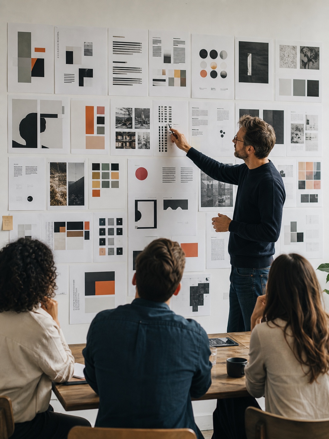 Creative director reviewing grouped sketches, color swatches, and typography samples arranged by proximity on a presentation wall.