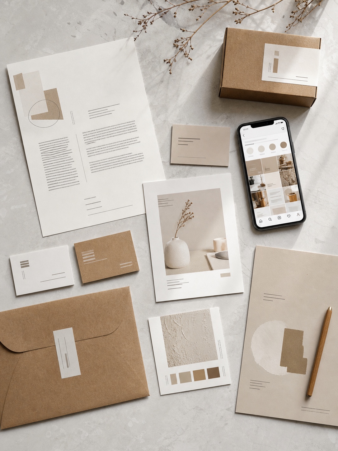 Branding project flat lay with repeated typography, stationery, packaging, and color palette showing visual consistency.
