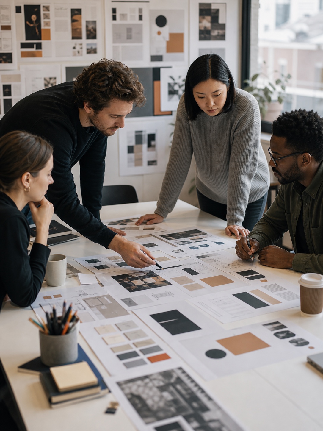 Creative team collaborating around layout sketches, color palettes, branding boards, and printed mockups to plan visual flow.