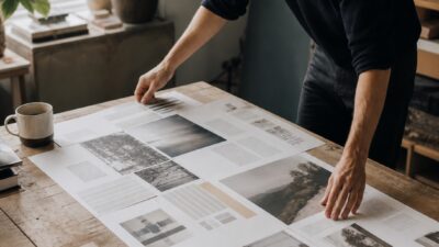 Man in a dark sweater leans over a wooden table, examining large magazine layout proofs with photos and text.