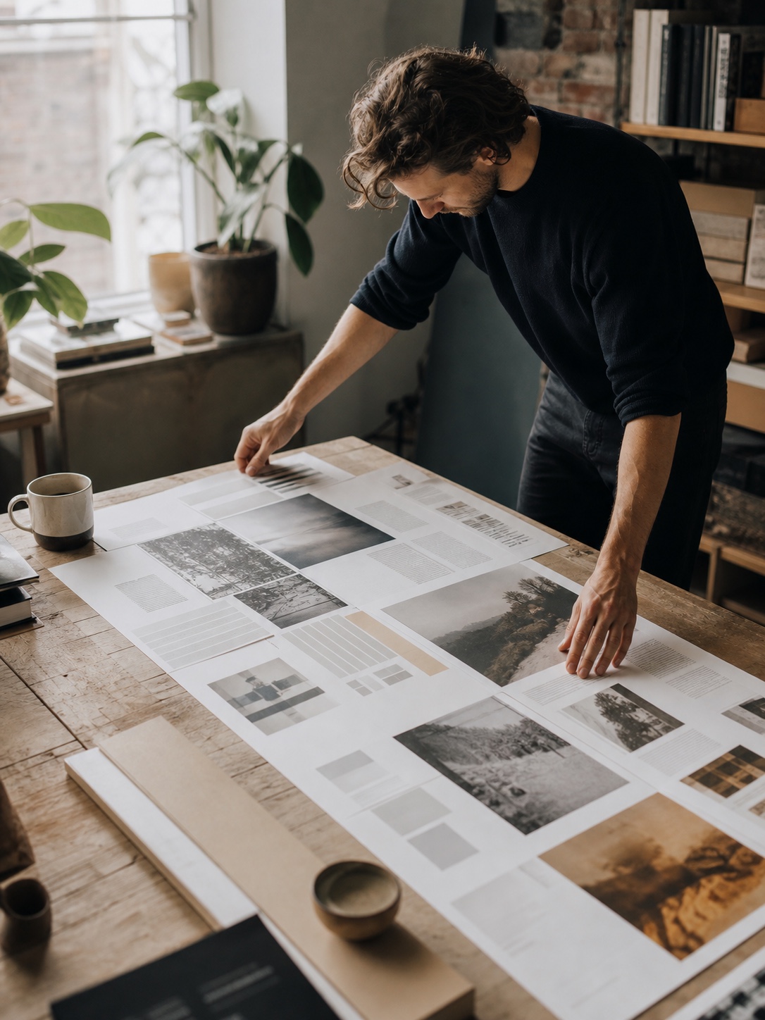 Designer arranging a magazine layout to demonstrate visual hierarchy with large headlines, smaller text blocks, and clear spacing.