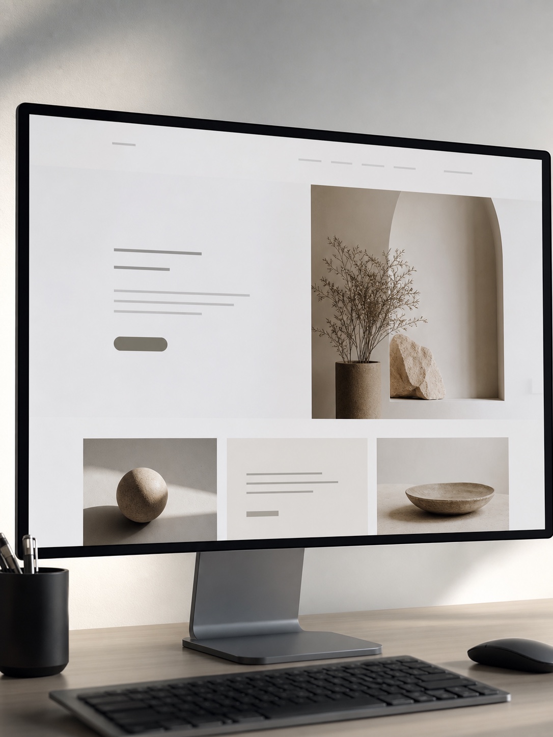 Large monitor displaying a minimalist website layout with generous white space, elegant image placement, and simple interface blocks.