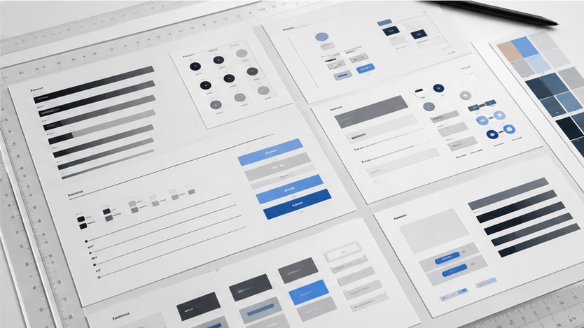 Design System Typography Board Design system board showing typography scale, spacing rulers and UI components as abstract layout blocks. | Sky Rye Design Design system board showing typography scale, spacing rulers and UI components as abstract layout blocks.