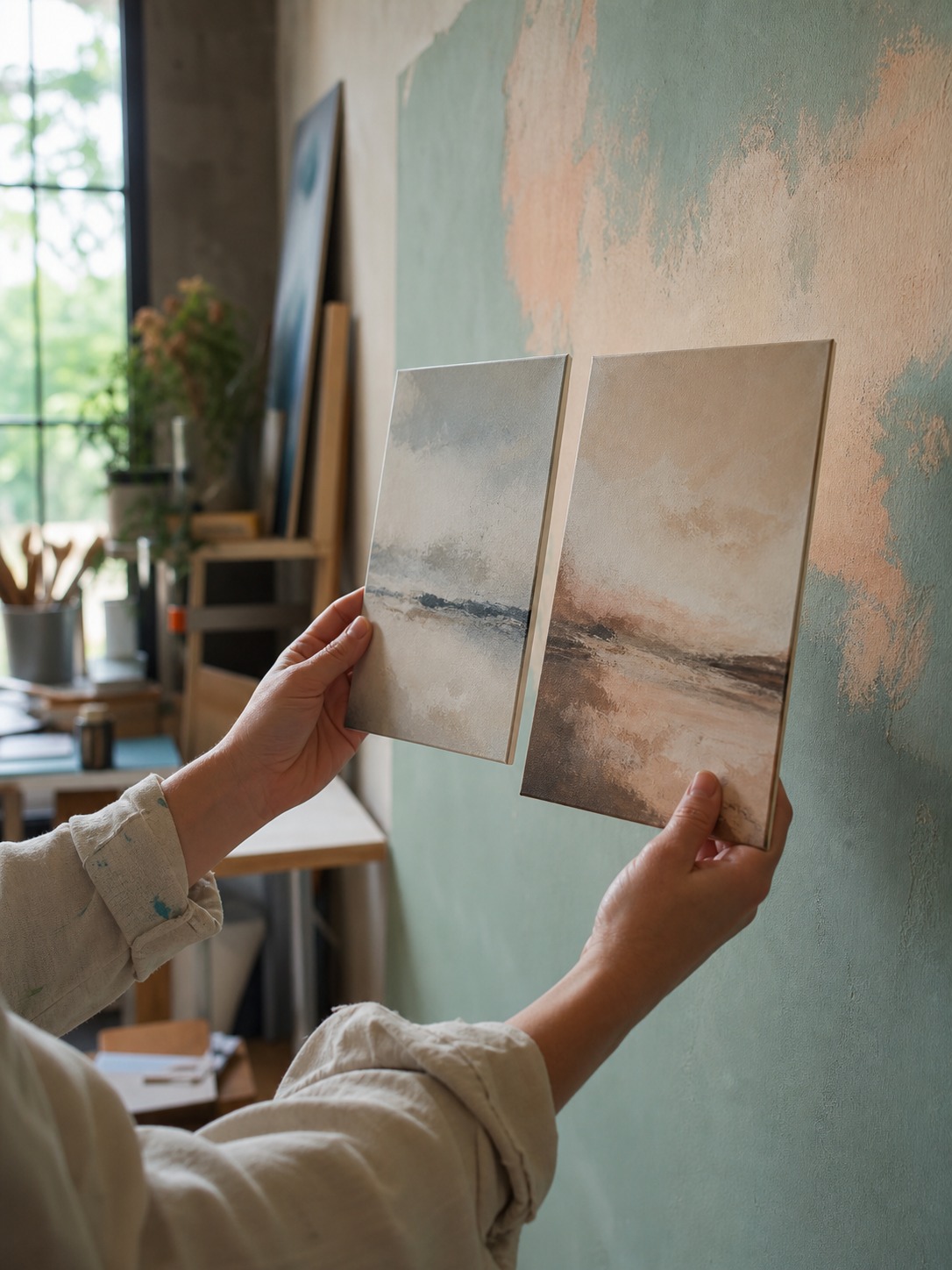 Designer holding canvas art samples against a painted wall to compare colors.