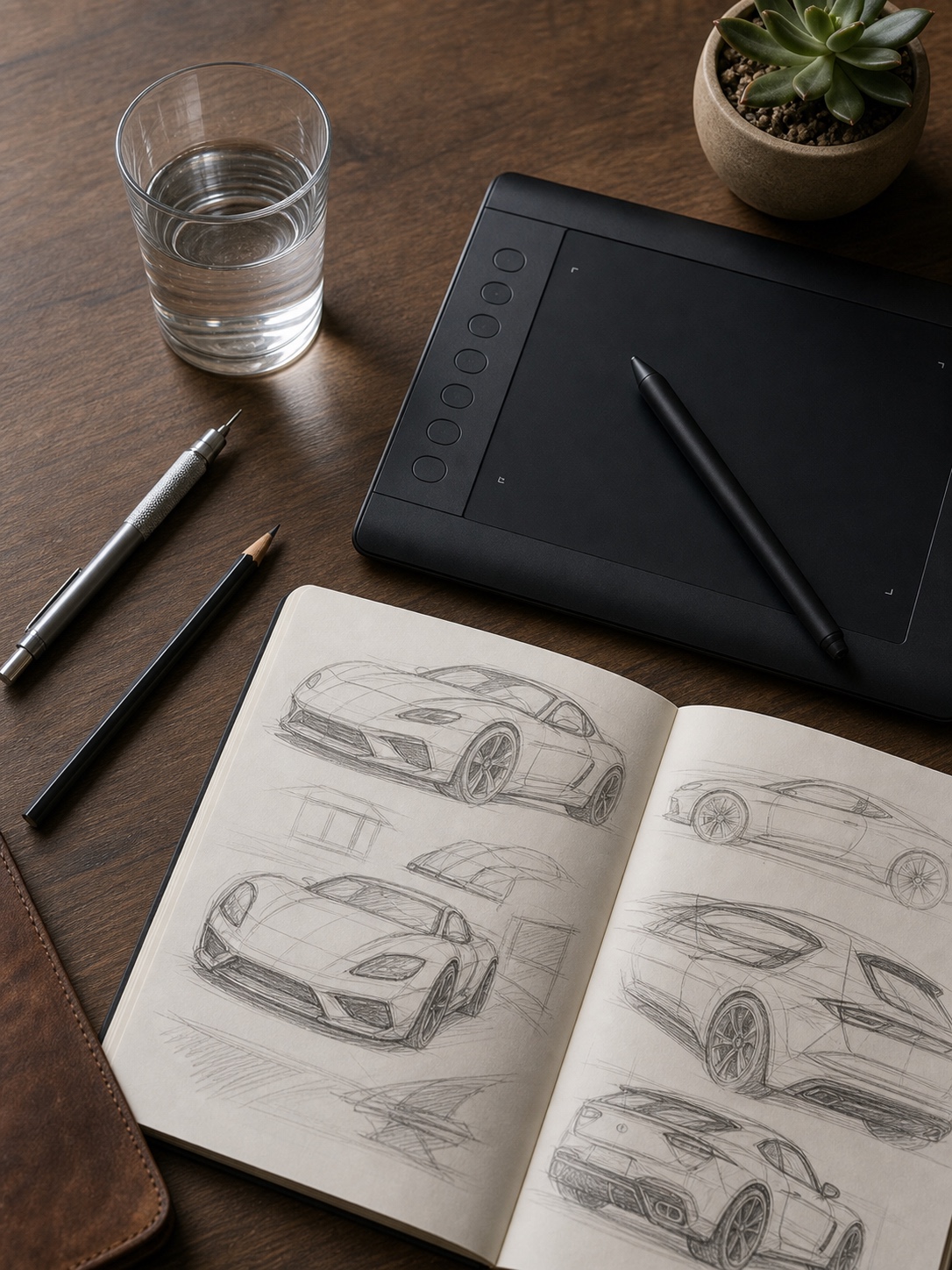 A designer desk flat lay with a Wacom tablet, rough sketches, pencils, and a glass of water.