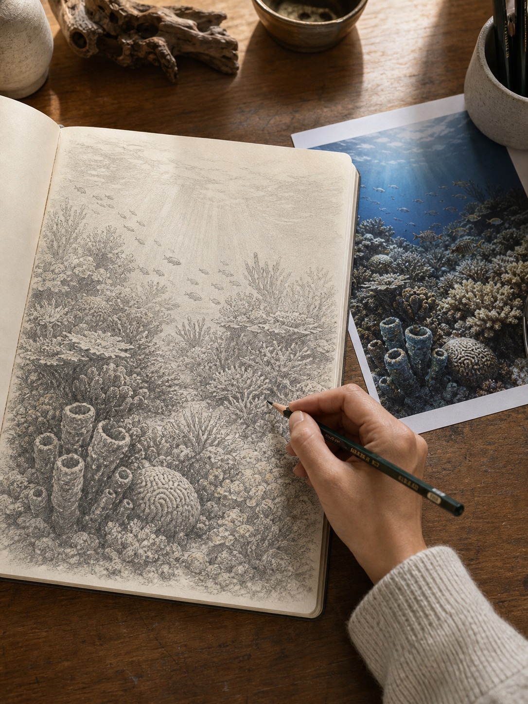 Designer hand drawing a coral reef composition in an open sketchbook beside a reference photo.