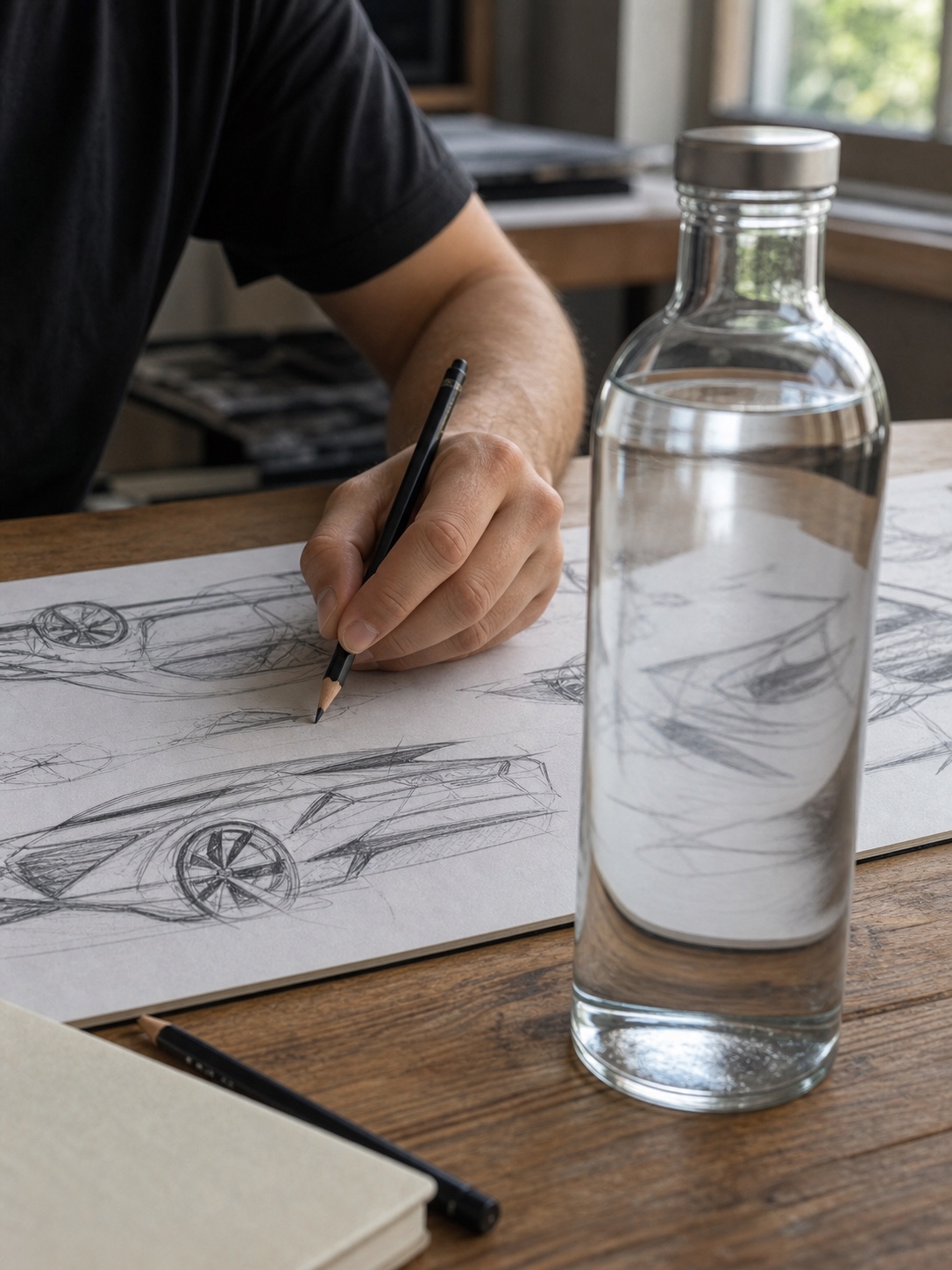 A designer hand sketching an automotive drawing with a full water bottle in the foreground.