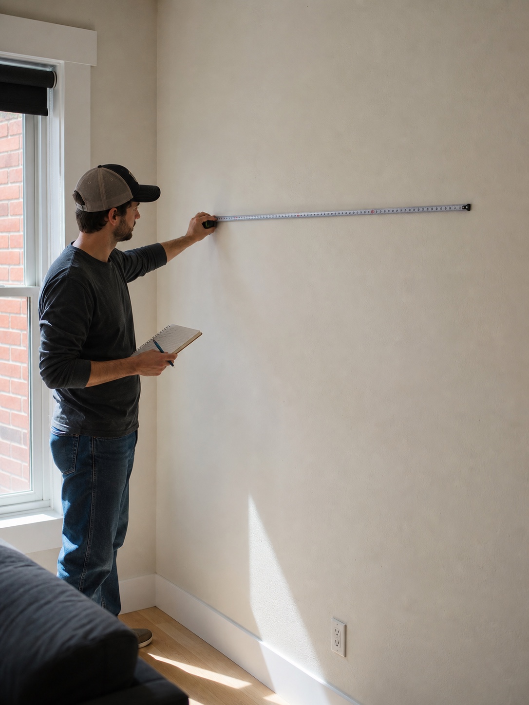 Designer Measuring Wall for Sofa Order A person measures a living room wall and writes the dimensions in a notebook before ordering a custom sofa. | Sky Rye Design A person measures a living room wall and writes the dimensions in a notebook before ordering a custom sofa.