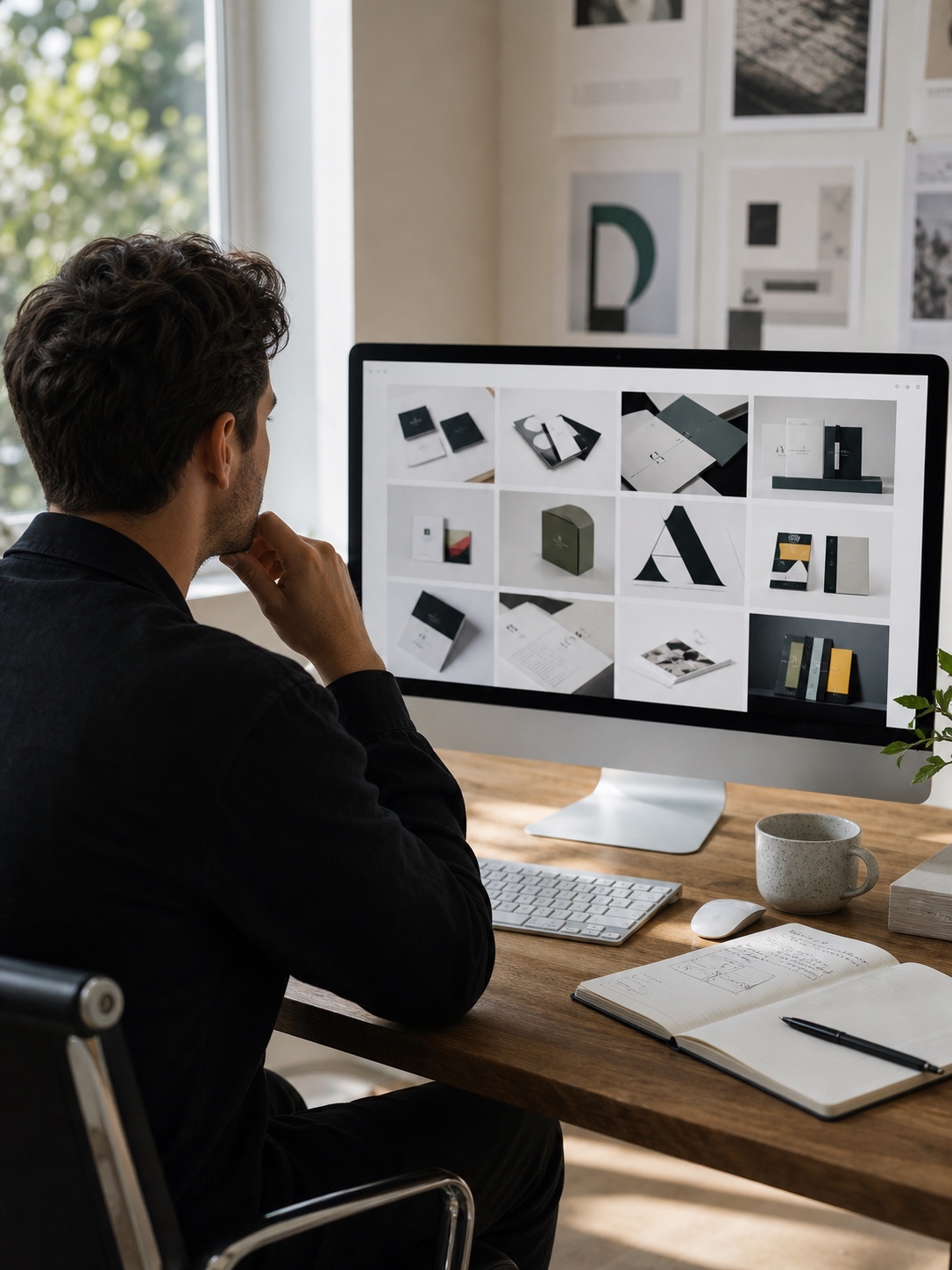 Designer reviewing a graphic design portfolio website on a large monitor in a clean studio.