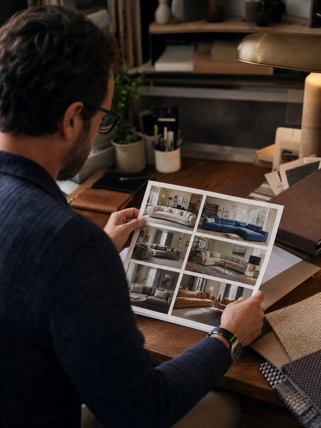 Designer reviewing finished sofa photos from real home interiors