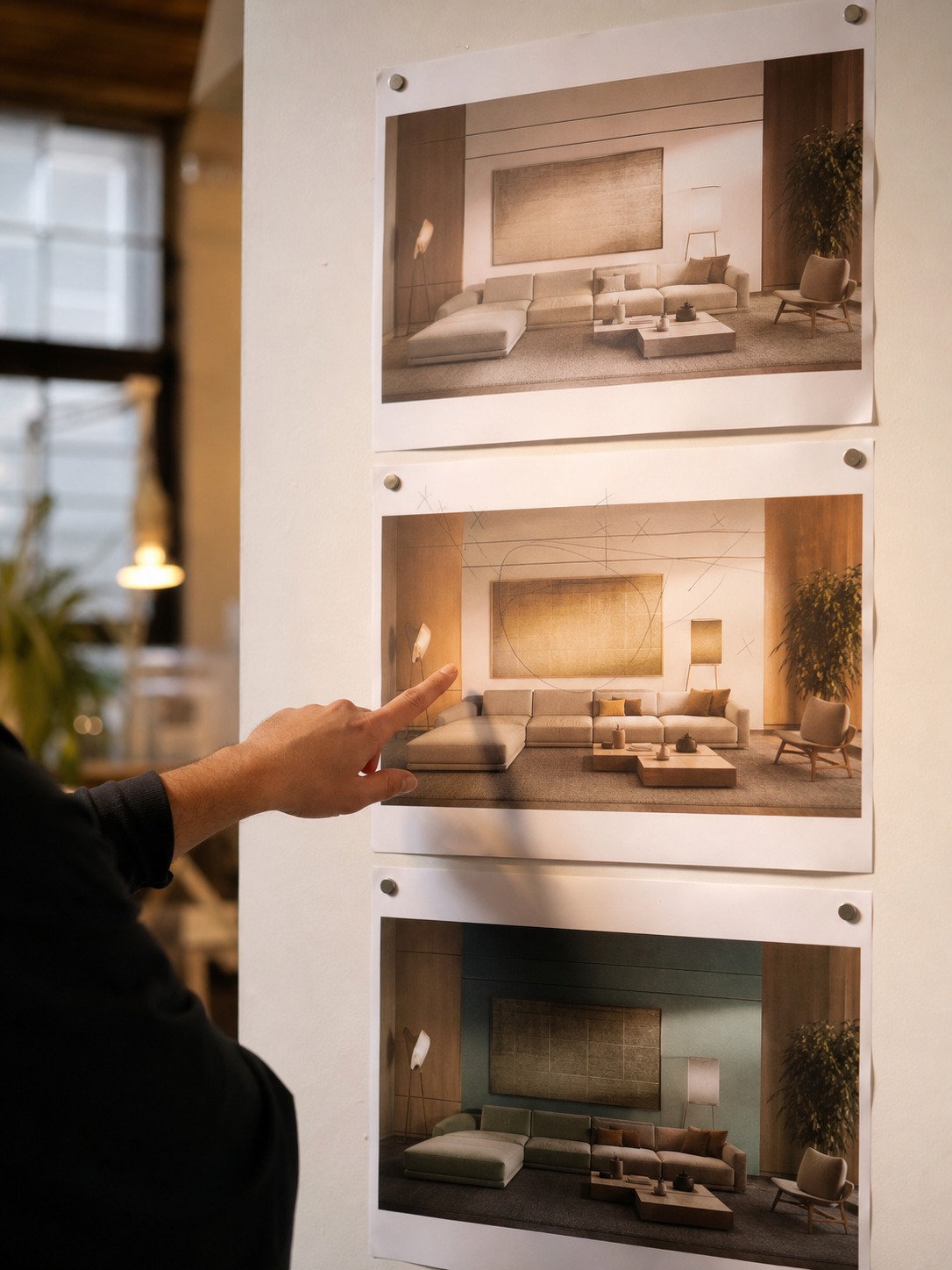 Designer reviewing printed interior render iterations pinned to a wall with pencil notes and material changes.