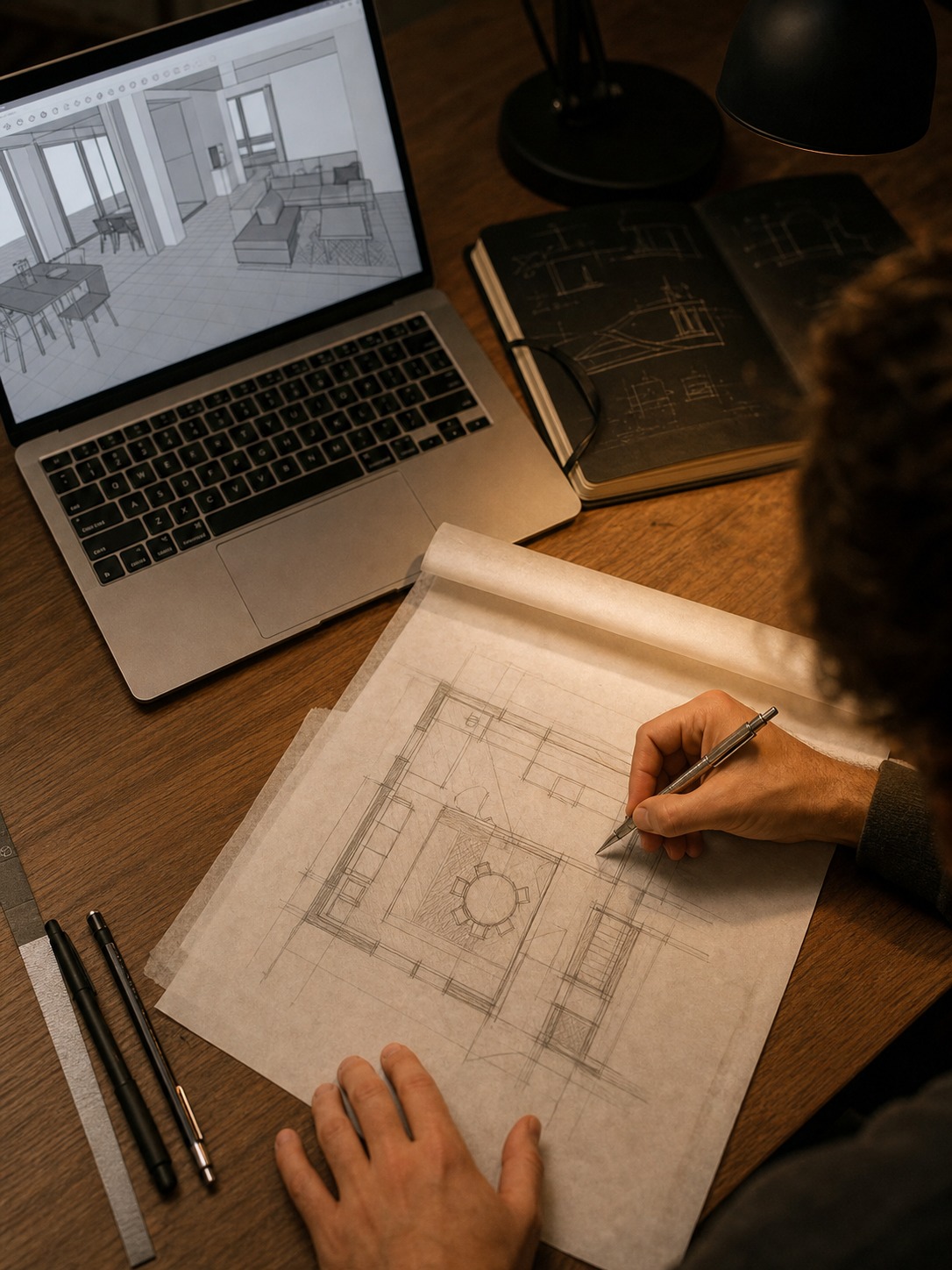 Designer sketching an interior floor plan beside a laptop with an early grey 3D model.