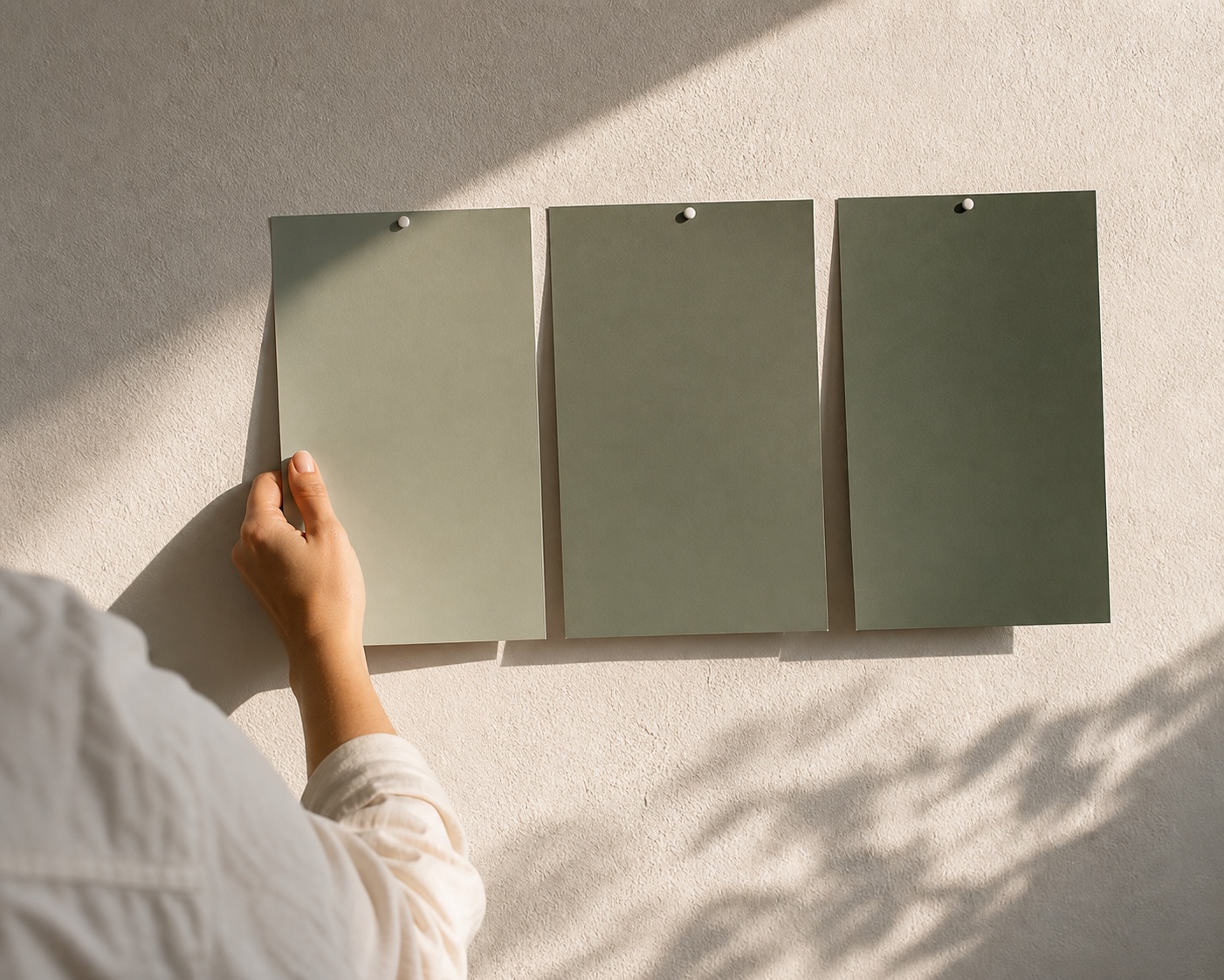 A designer testing large muted green paint swatches on a wall in raking afternoon light