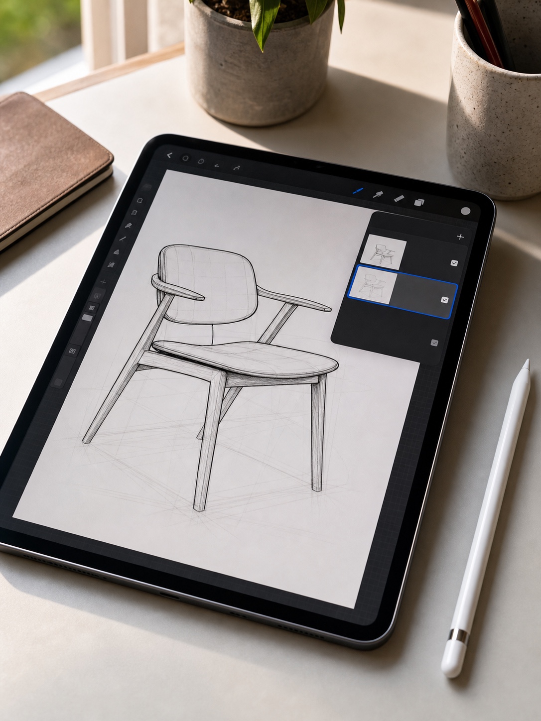 Digital Chair Drawing Procreate Layers Tablet screen showing a digital chair drawing in progress with sketch and line art layers. | Sky Rye Design Tablet screen showing a digital chair drawing in progress with sketch and line art layers.