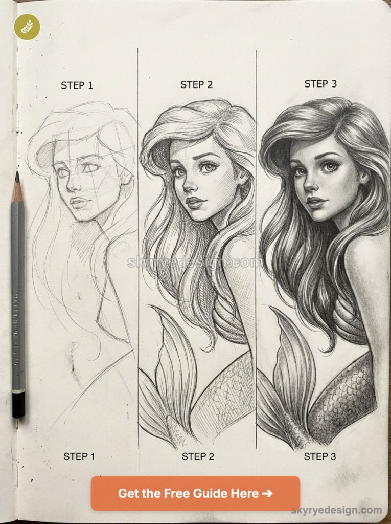 Step-by-step pencil drawing tutorial of a mermaid portrait showing rough sketch, refined lines, and final shading