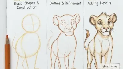 Step-by-step pencil drawing tutorial of a cartoon lion cub: Step 1 shapes, Step 2 refined outline, Step 3 detailed sketch
