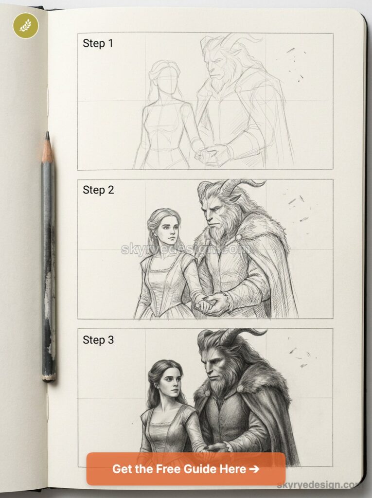 Step-by-step pencil sketch tutorial of woman and horned beast holding hands, three stages from rough to detailed.