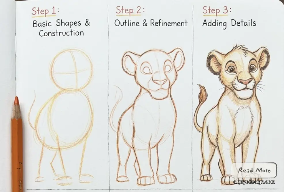 Step-by-step pencil drawing tutorial of a cartoon lion cub: Step 1 shapes, Step 2 refined outline, Step 3 detailed sketch