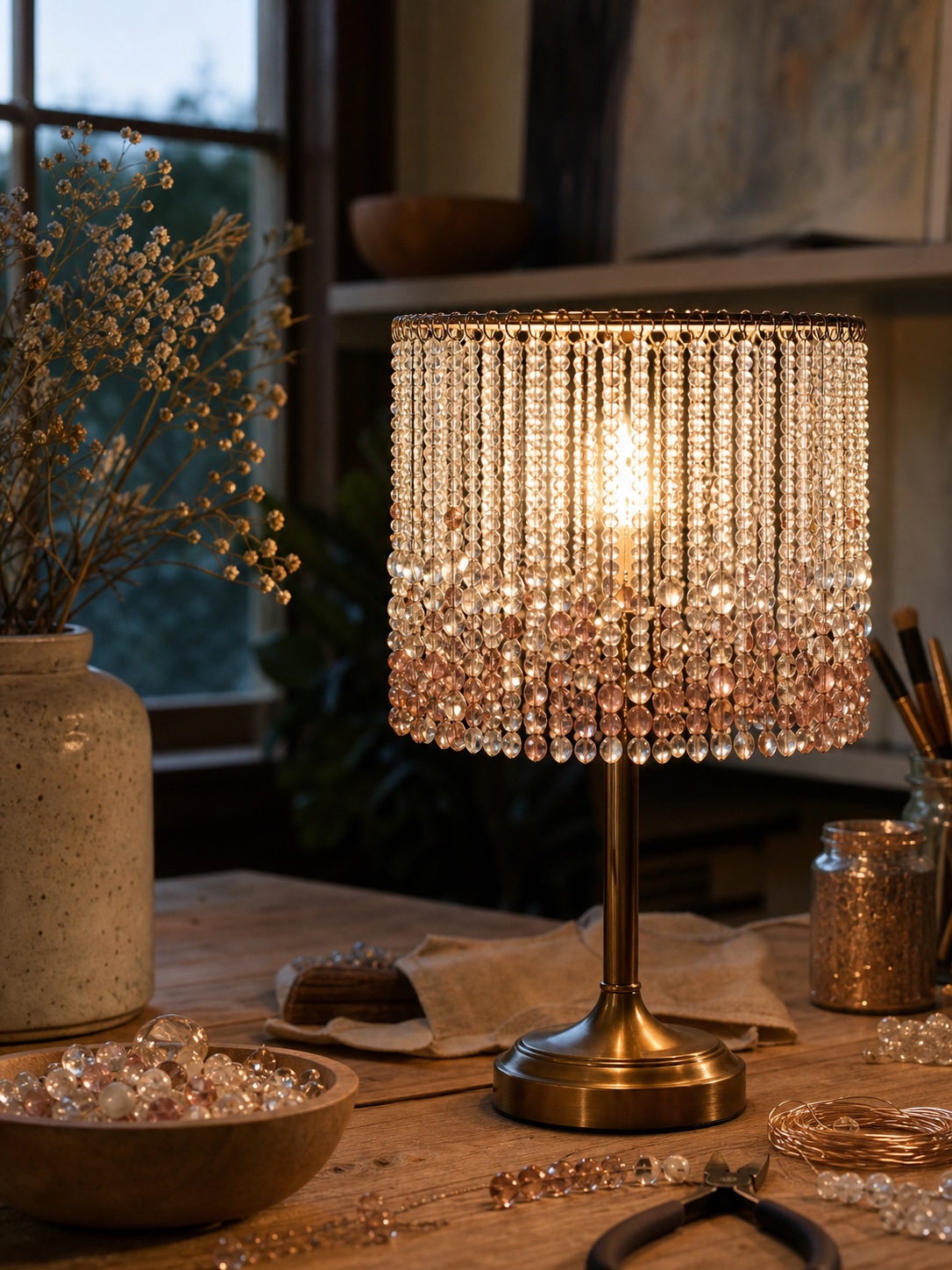 Handmade beaded glass lamp shade with translucent beads catching warm light.