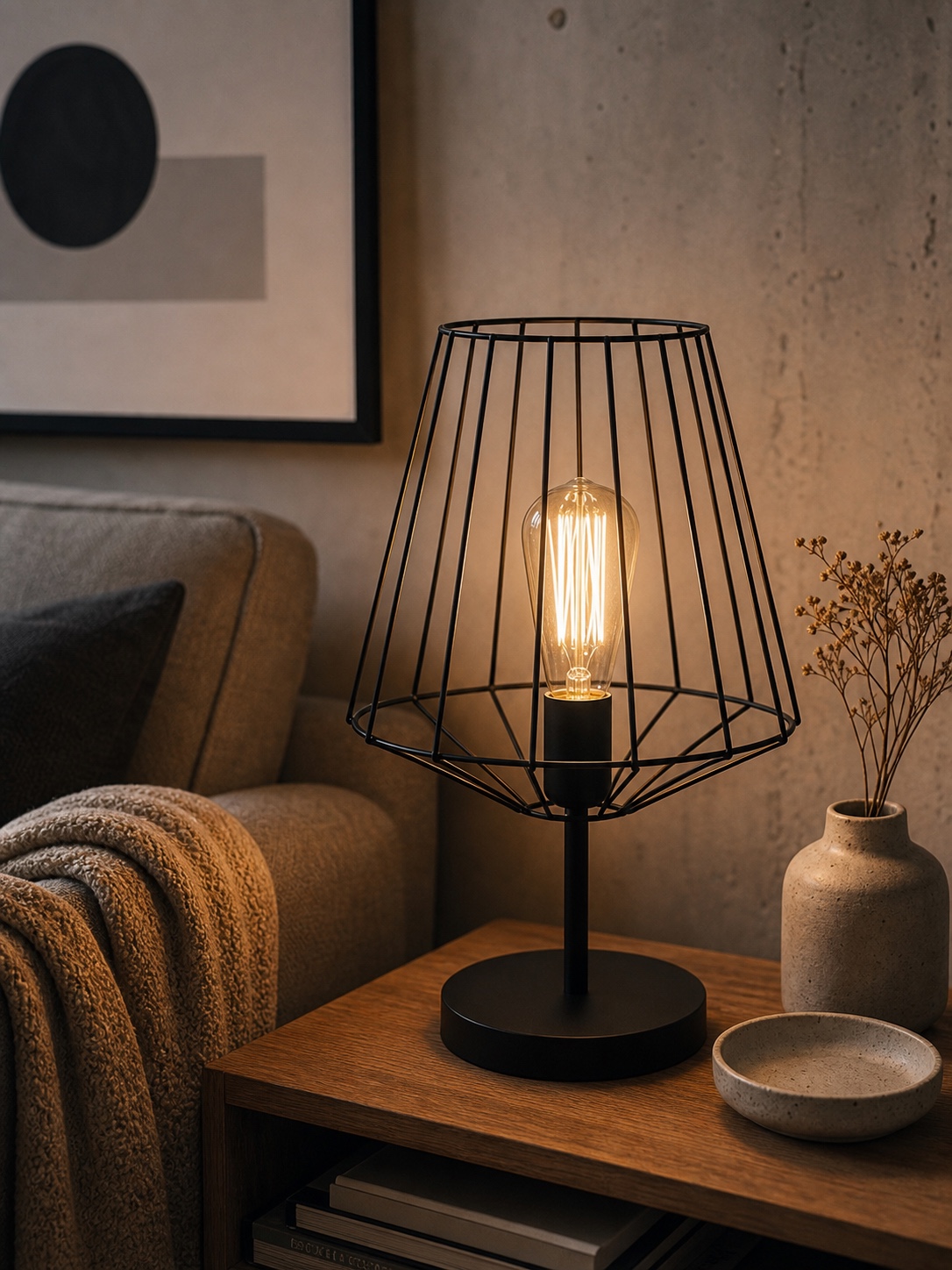 Simple black wire frame lamp shade with geometric ribs and a warm exposed bulb.
