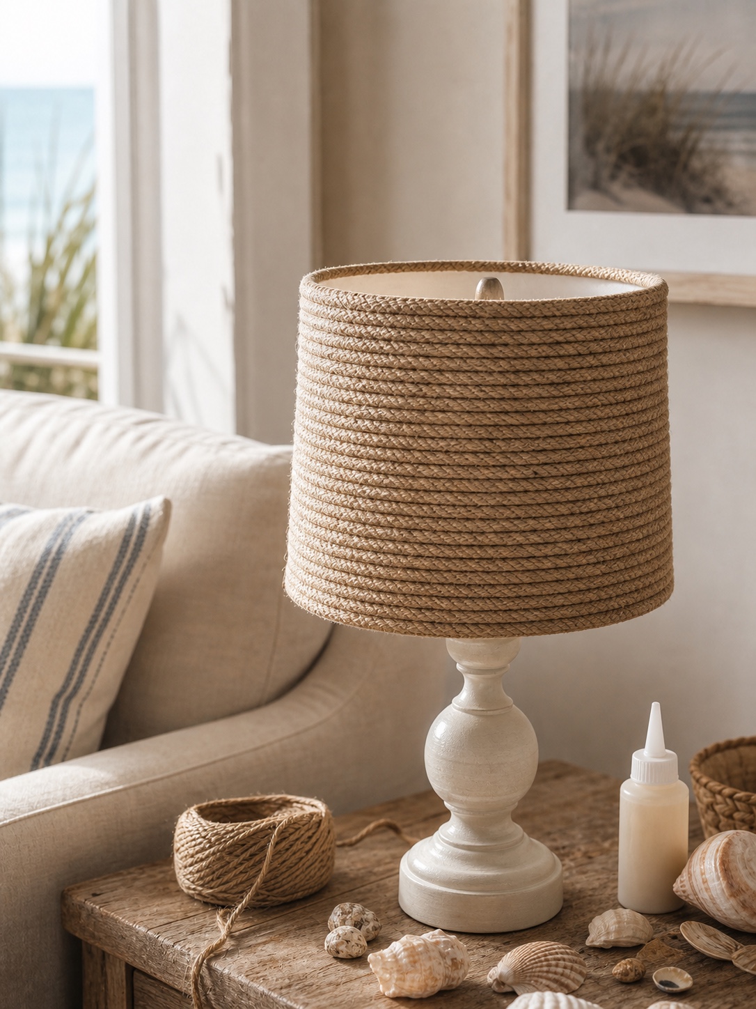 Natural jute rope wrapped around a drum lamp shade for a coastal DIY lighting idea.